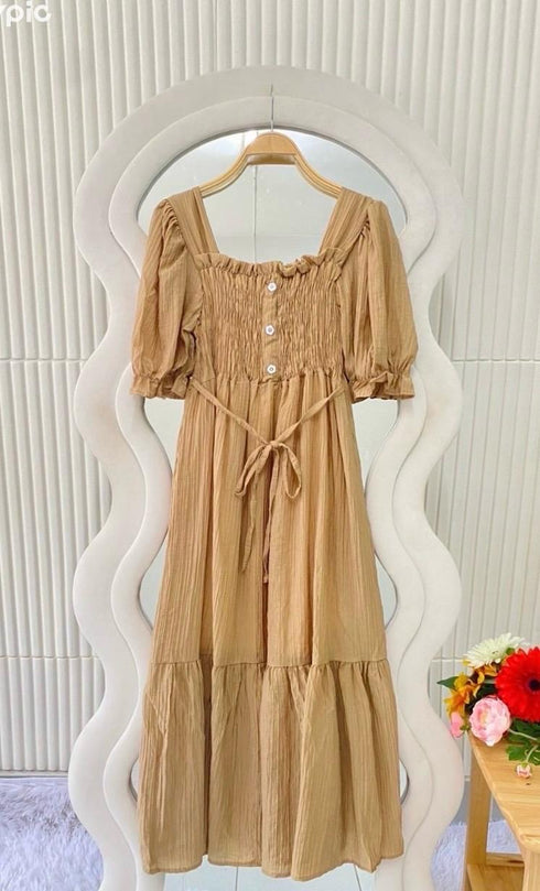 Summer Square Neckline Puff Sleeves Midi Dress